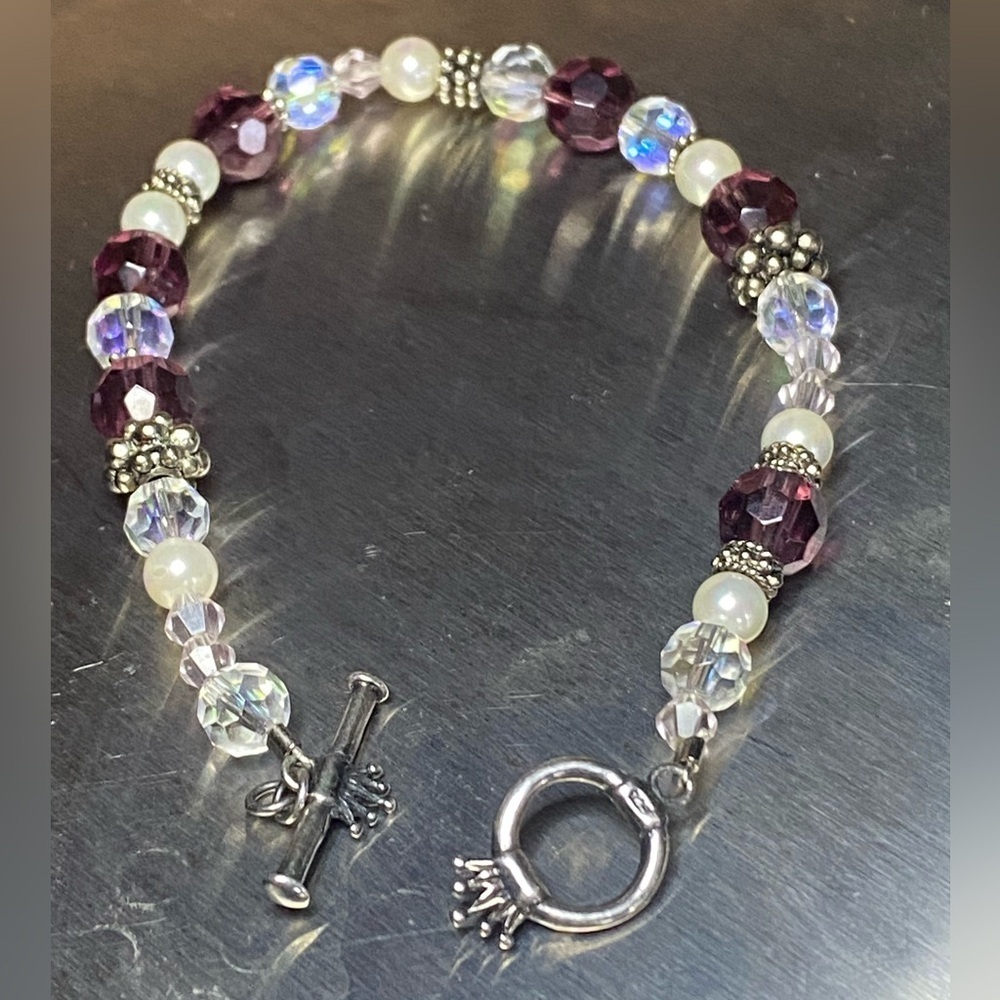 Sterling Silver Toggle Bracelet w/ Purple‎ Crystal, AB Glass & Pearl Beads